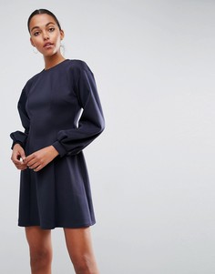 Короткое приталенное платье с пышными рукавами ASOS - Темно-синий