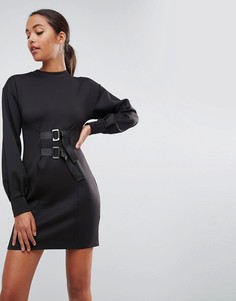 Платье-футляр мини с пышными рукавами и пряжками ASOS - Черный