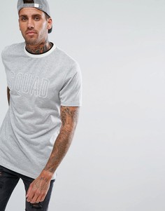 Длинная футболка с вышивкой Squad и окантовкой в рубчик ASOS - Серебряный