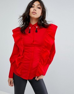 Рубашка с рюшами и кисточками на воротнике Boohoo - Красный