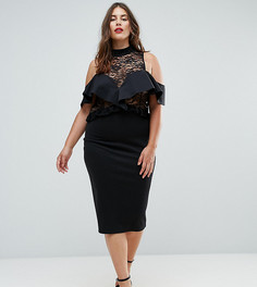 Облегающее платье миди с кружевом и оборками ASOS CURVE - Черный