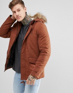 Коричневая парка с искусственным мехом на капюшоне New Look - Оранжевый