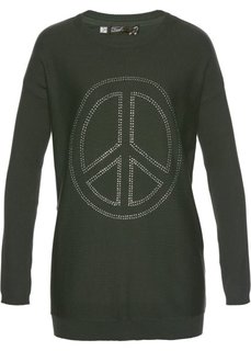 Удлиненный пуловер с аппликацией Мир из стразов (темно-оливковый) Bonprix