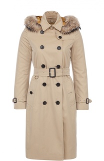 Классический тренч с поясом и меховой отделкой капюшона Burberry