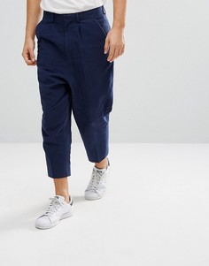 Темно-синие фактурные строгие брюки заниженного кроя с добавлением льна ASOS - Темно-синий