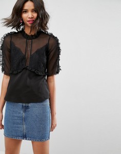 Чайная шифоновая блузка с кружевом и оборками ASOS - Черный