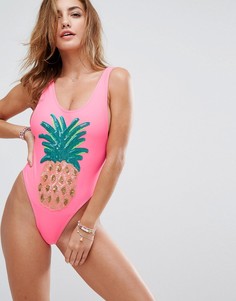Слитный купальник с ананасом из пайеток River Island - Розовый