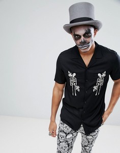 Черная рубашка из вискозы классического кроя с вышивкой скелетов ASOS Halloween - Черный