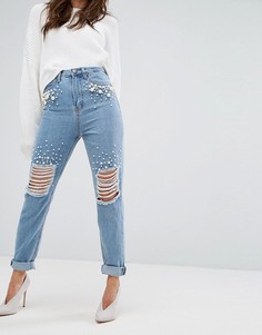 Рваные джинсы с отделкой искусственным жемчугом Boohoo - Синий