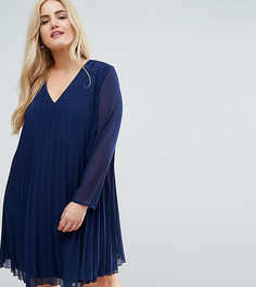 Платье-трапеция с V-образным вырезом и плиссировкой ASOS CURVE - Темно-синий