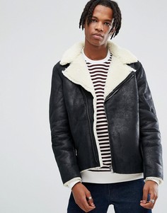 Черная байкерская куртка из искусственной овечьей шерсти ASOS - Черный