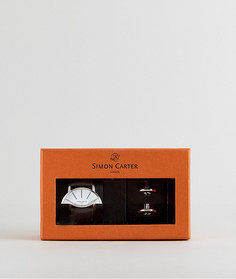 Подарочный набор с часами с кожаным ремешком и запонками Simon Carter LT905 - Коричневый