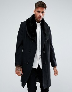 Черное двубортное пальто с добавлением шерсти и искусственным мехом boohooMAN - Черный