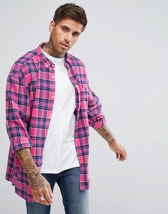 Розовая оверсайз-рубашка в клетку с заниженной линией плеч River Island - Розовый
