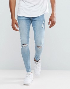Светлые рваные супероблегающие джинсы с необработанным краем River Island - Синий