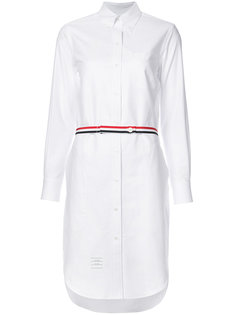 Above Knee A-Line Shirtdress With Side Tabs &amp; Engineered Stripe In White Oxford Thom Browne