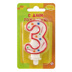 MC Свеча Цифра 3 Красное Конфетти 7см Патибум