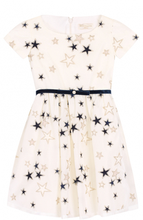 Платье-миди с вышивкой в виде звезд и бархатным поясом Monnalisa