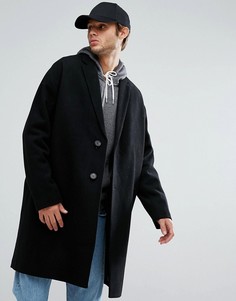 Черное полушерстяное пальто с заниженной линией плеч ASOS - Черный