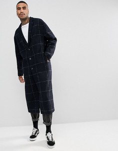 Темно-синее длинное пальто в клетку с добавлением шерсти ASOS - Темно-синий