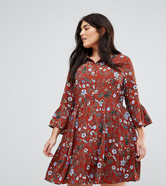 Короткое приталенное платье на пуговицах с цветочным принтом Uttam Boutique Plus - Красный
