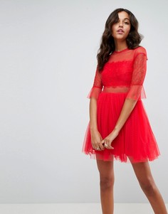 Платье мини из тюля с кружевными рукавами ASOS - Красный