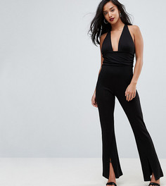 Трикотажный комбинезон с халтером и глубоким вырезом ASOS PETITE - Черный