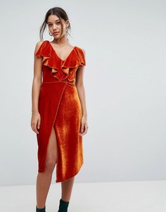 Бархатное платье миди с оборкой Aeryne - Оранжевый