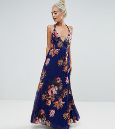 Платье макси со складками и цветочным принтом ASOS PETITE - Темно-синий