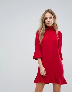 Платье с воротником-стойкой и оборками на рукавах Sisley High Sleeves - Красный