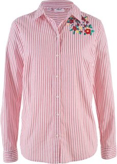 Блузка с вышивкой и длинным рукавом (красный/белый в полоску) Bonprix