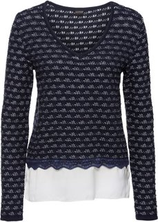 Пуловер со вставкой под блузку (темно-синий/цвет белой шерсти) Bonprix