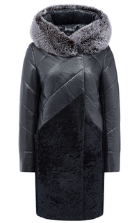 Зимнее комбинированное пальто из кожи с отделкой мехом песца La Reine Blanche