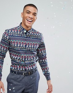Приталенная новогодняя рубашка с принтом ASOS - Темно-синий