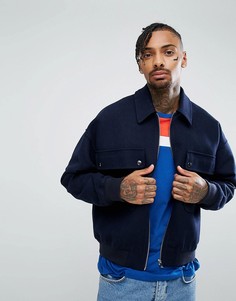 Темно-синяя оверсайз-куртка Харрингтон из ткани с добавлением шерсти ASOS - Темно-синий