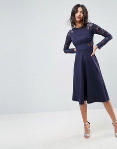 Приталенное платье миди с кружевными вставками ASOS Premium - Темно-синий