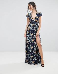 Платье макси с запахом и цветочным принтом Uttam Boutique - Темно-синий