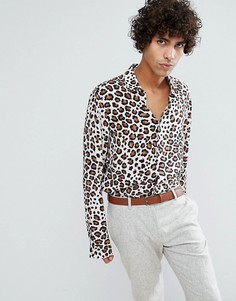Рубашка классического кроя из вискозы с леопардовым принтом ASOS - Бежевый