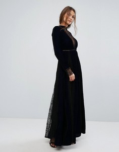 Бархатное платье макси с тиснением и кружевными вставками Frock and Frill - Темно-синий