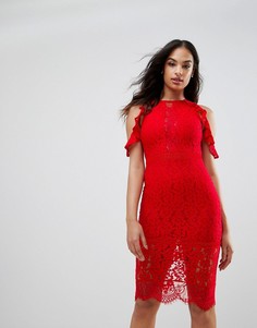 Кружевное облегающее платье миди с вырезами на плечах NaaNaa - Красный