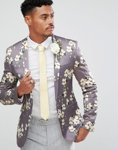 Серый приталенный блейзер с цветочным принтом ASOS Wedding - Серый