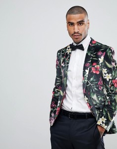 Бархатный облегающий блейзер с цветочным принтом ASOS - Черный