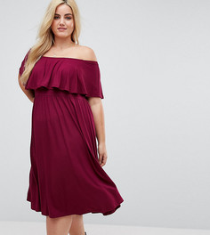 Платье миди с открытыми плечами и оборкой ASOS CURVE - Красный