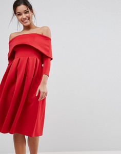 Платье для выпускного миди с широким вырезом и длинными рукавами ASOS - Красный