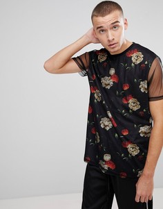 Длинная футболка с цветочным принтом ASOS - Черный