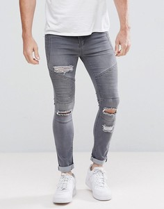 Серые байкерские джинсы скинни с рваной отделкой boohooMAN - Серый