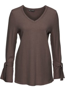 Вязаный пуловер с воланами на рукавах (темный серо-коричневый) Bonprix