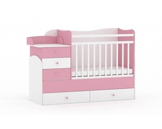 Кроватка-трансформер Фея 1400 комод, пеленальный столик, 2 ящика белый/розовый