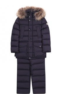 Комплект из пуховой куртки с капюшоном и брюк на подтяжках Moncler Enfant