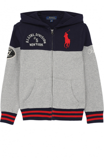 Спортивный кардиган из хлопка с капюшоном и нашивками Polo Ralph Lauren